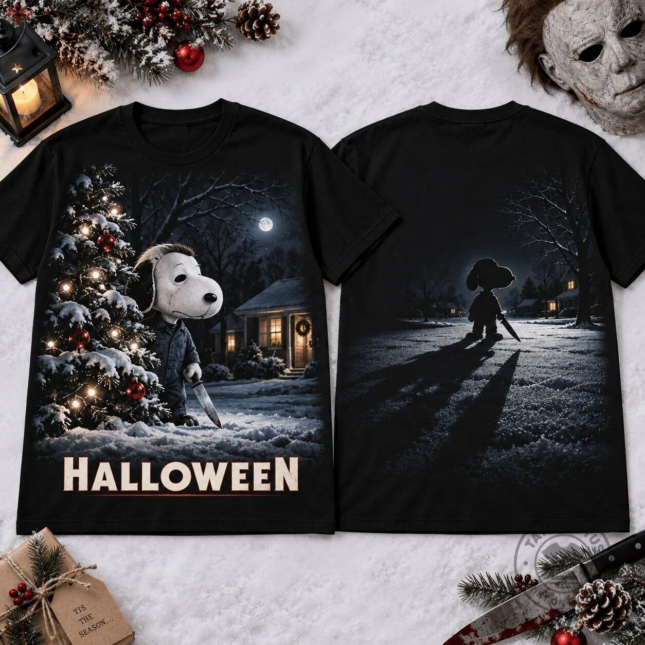 Michael Myers Snoopy Halloween Christmas Night Black Graphic T-Shirt 1 Michael Myers Snoopy Halloween Christmas Night Black Graphic T-Shirt