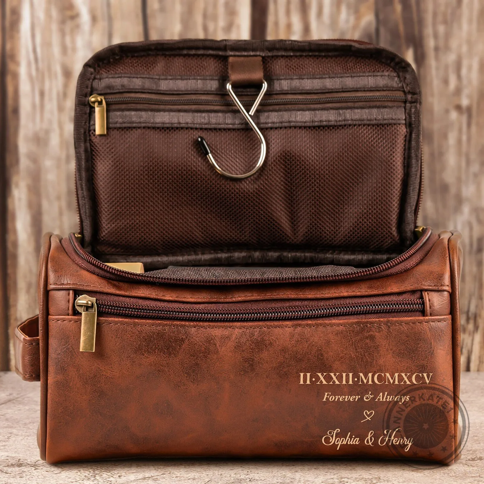 Personalized Roman Numeral Date Leather Toiletry Bag for Men