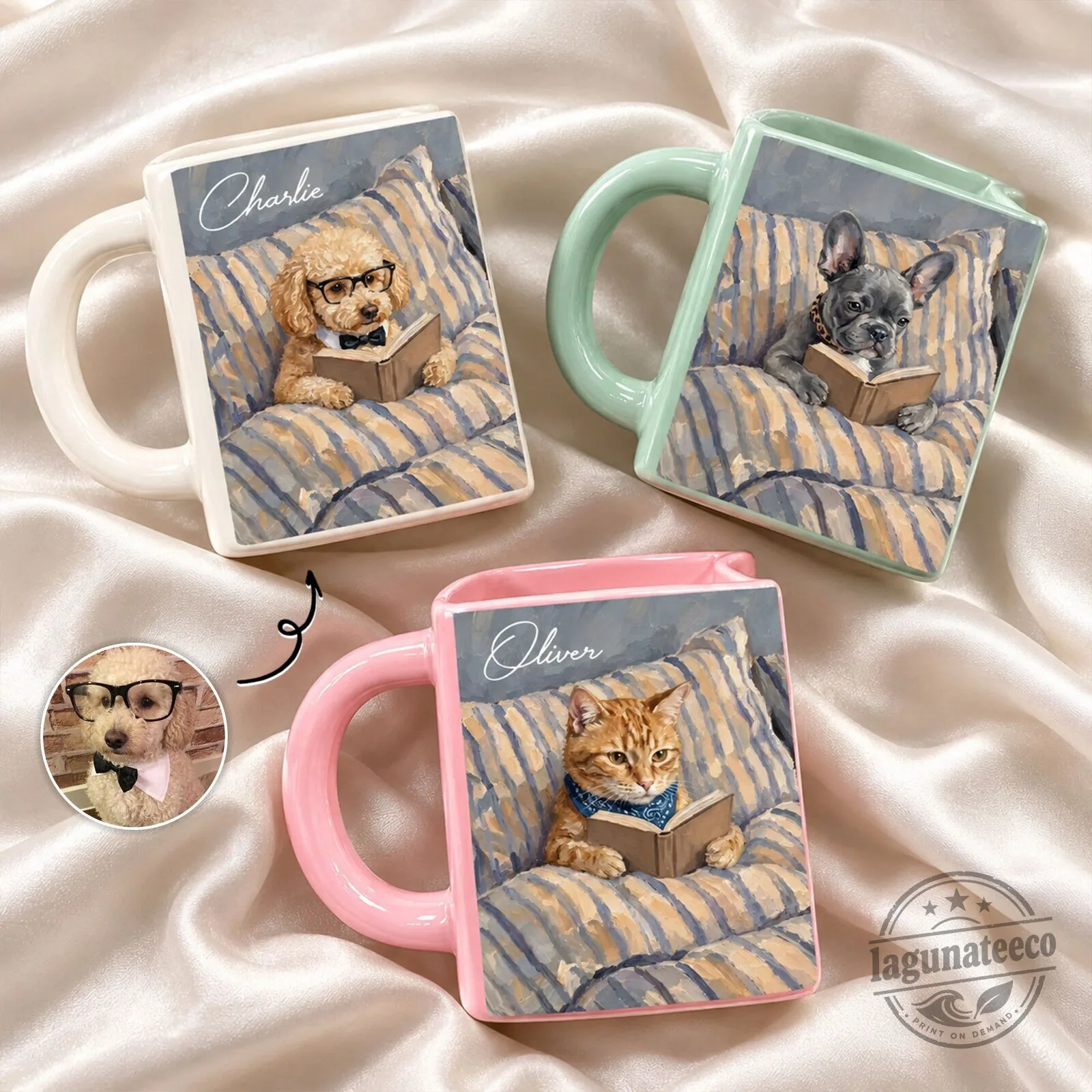 Personalized Pet Reading Book Portrait Coffee Mug - Custom Dog Cat Oil Painting Cup