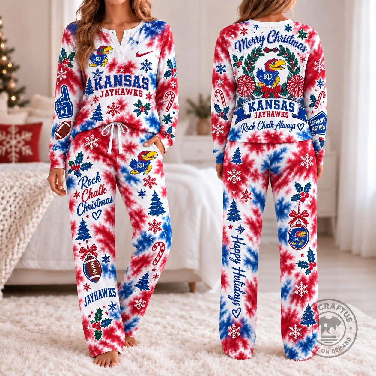 Kansas Jayhawks Christmas Tie-Dye Holiday Pajamas Set 1 Kansas Jayhawks Christmas Tie-Dye Holiday Pajamas Set
