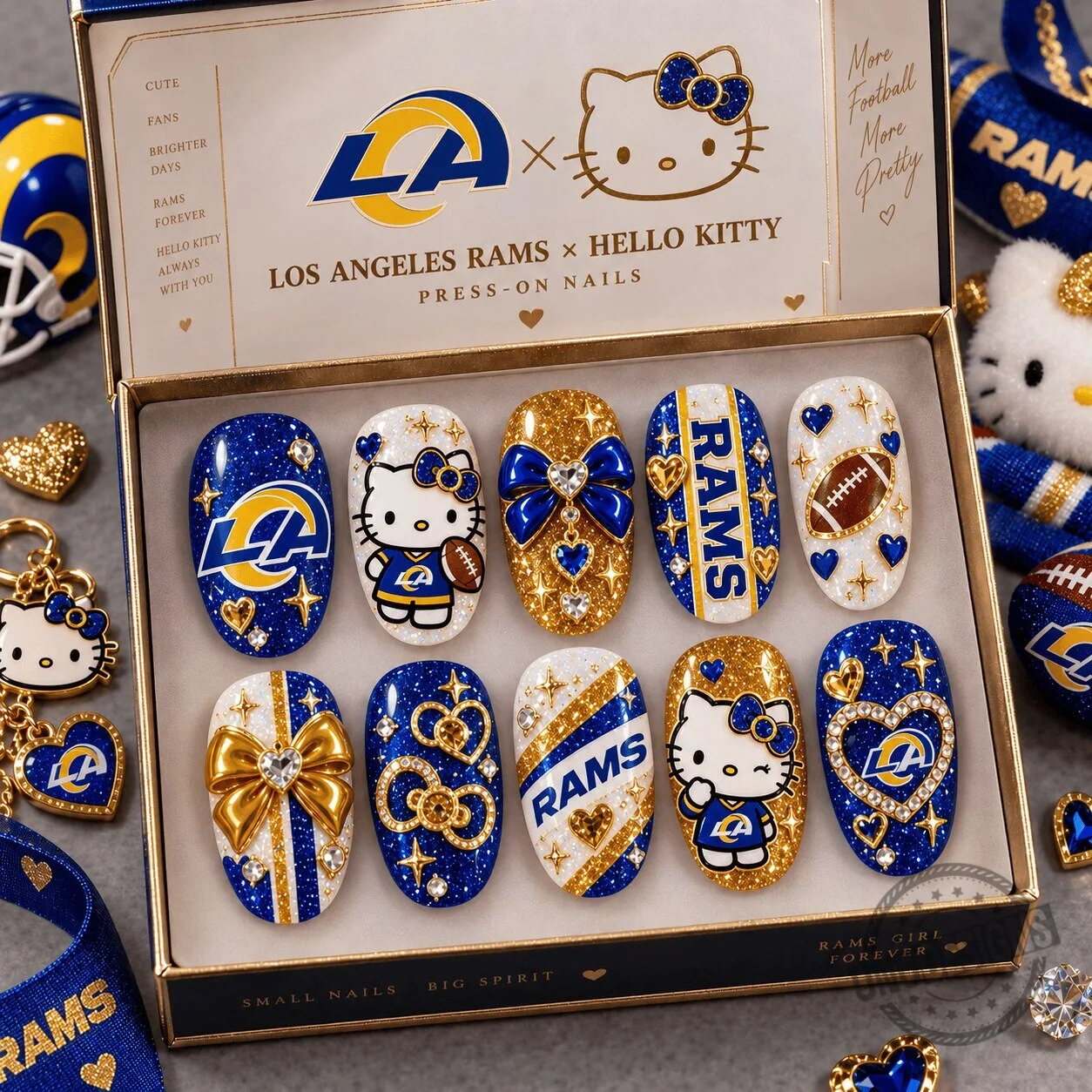 Los Angeles Rams Football Hello Kitty Bow Glam Press-On Nails Fan Gift Set
