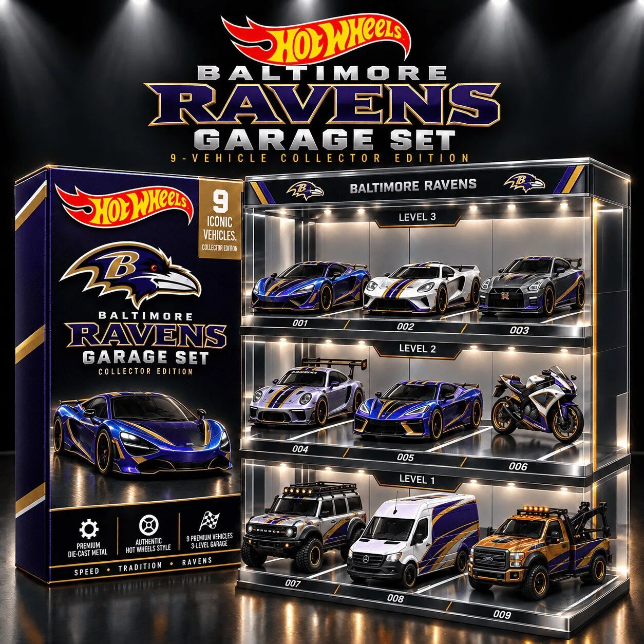 Baltimore Ravens Hot Wheels 9-Vehicle Collector Edition Garage Set