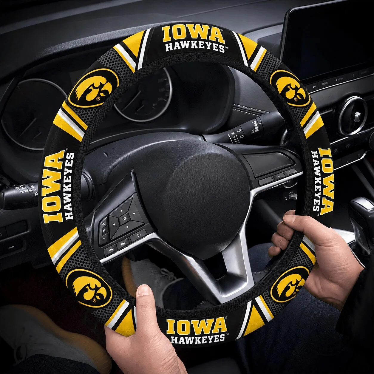 Iowa Hawkeyes Black and Gold Steering Wheel Cover for Car Interior