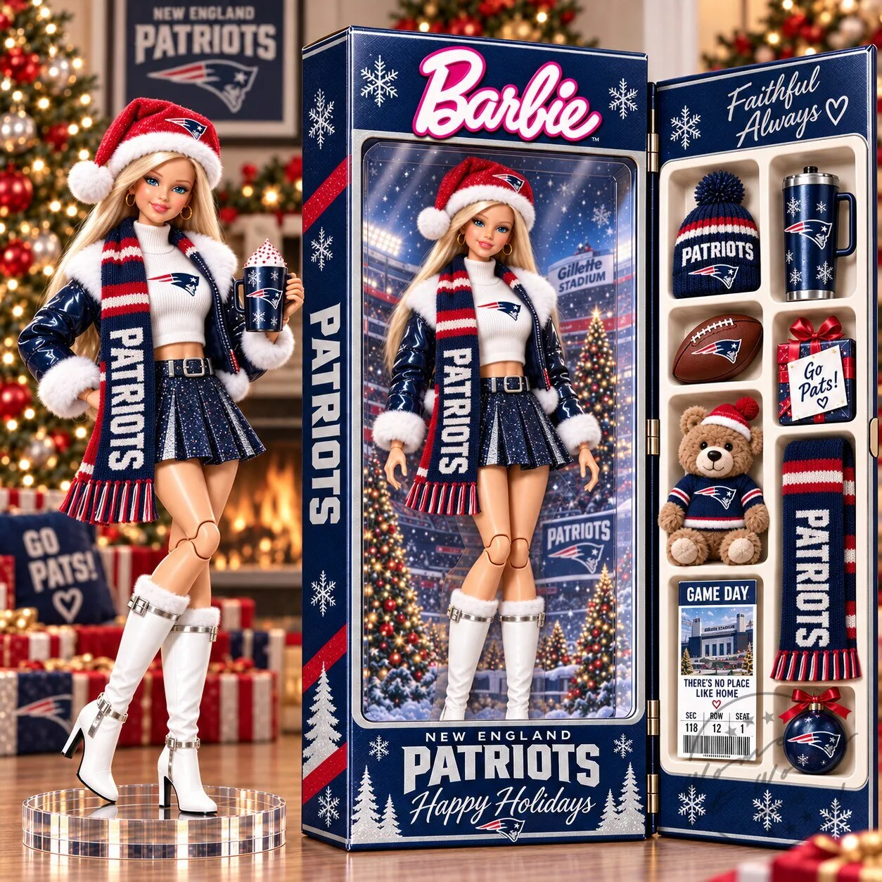 New England Patriots Barbie Doll Holiday Commemorative Collectible Figurine