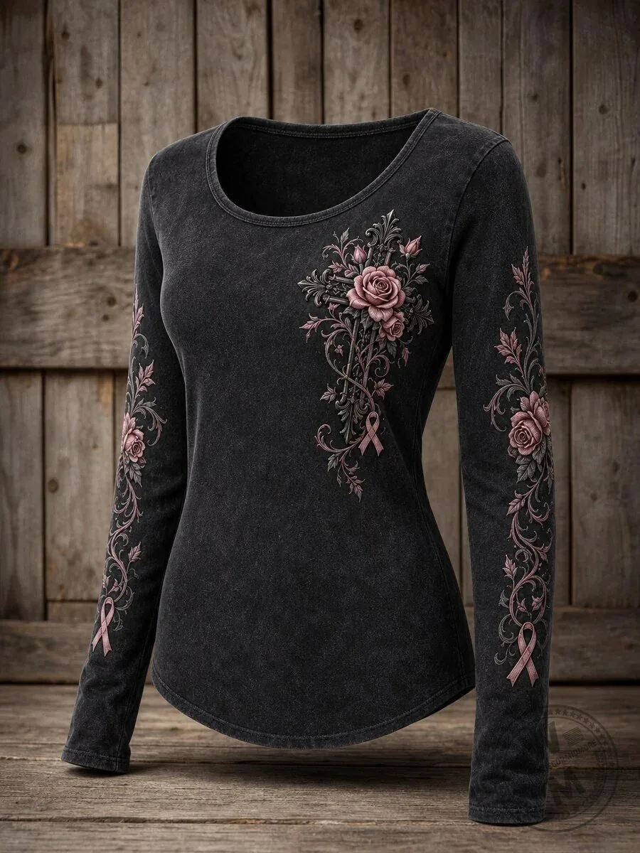 Gothic Cross Pink Ribbon Roses Floral Print Round-Neck Long-Sleeve T-Shirt