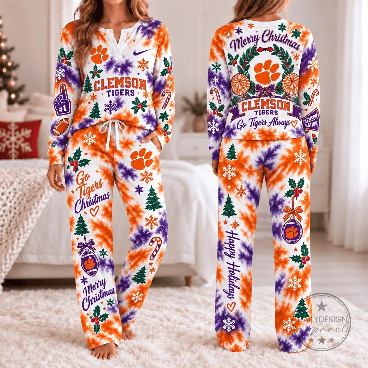 Clemson Tigers Christmas Tie-Dye Long Sleeve Pajamas Set