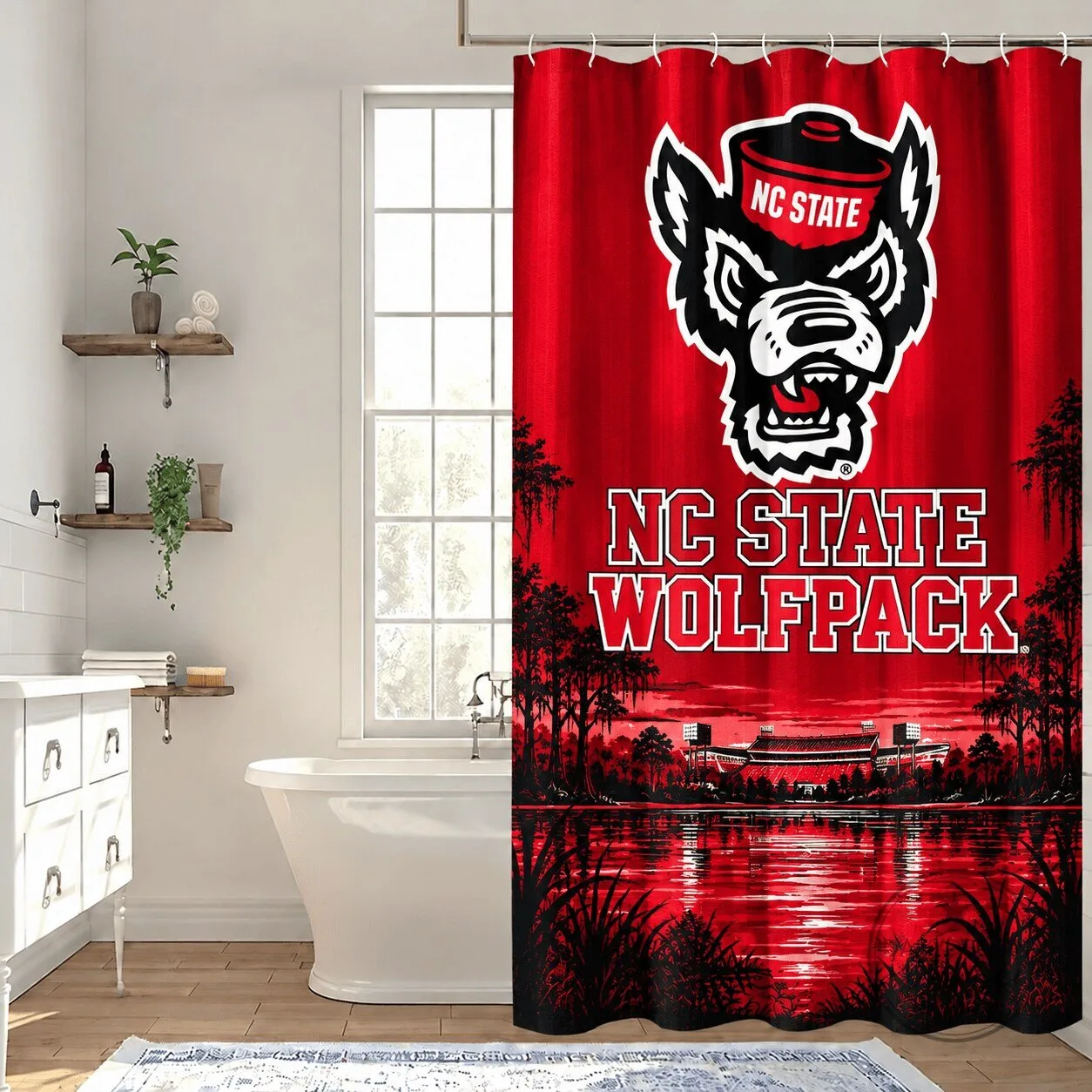 North Carolina State Wolfpack University Red Stadium Lake Shower Curtain