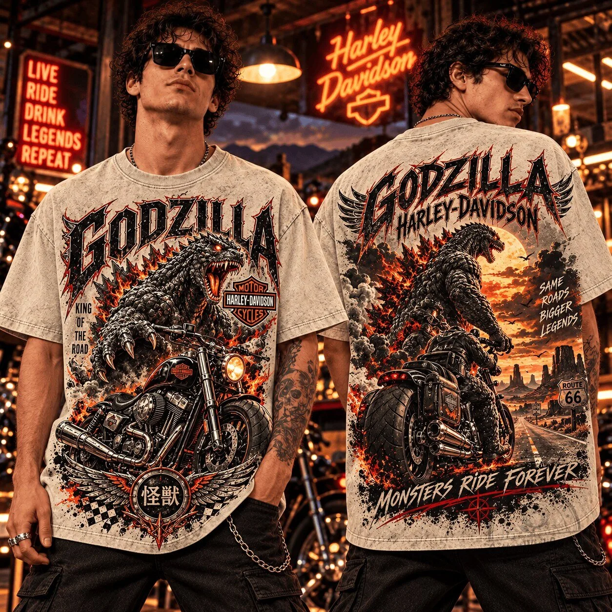 Godzilla Harley-Davidson Motorcycle Route 66 King of the Road Vintage T-Shirt