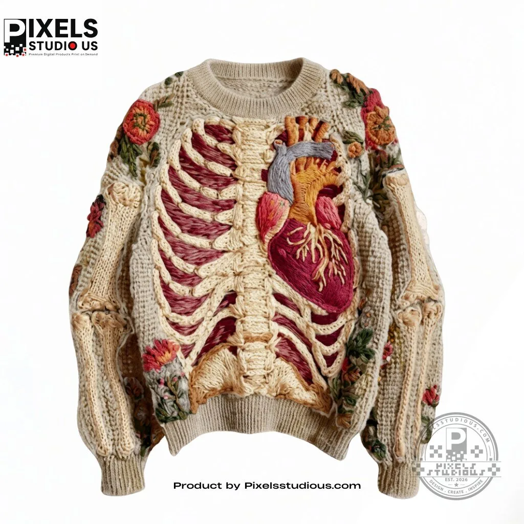 Anatomical Heart & Skeleton Knit Sweater 4 Anatomical Heart & Skeleton Knit Sweater 3D shirt or sports jersey with all-over print design
