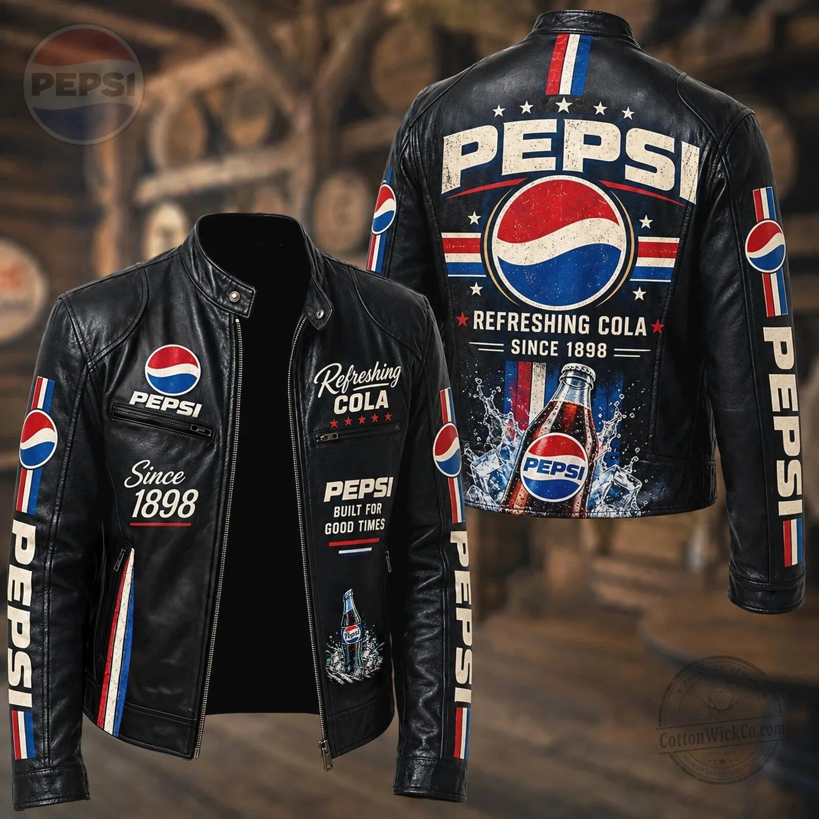 Pepsi Refreshing Cola Since 1898 Vintage Logo Leather Jacket