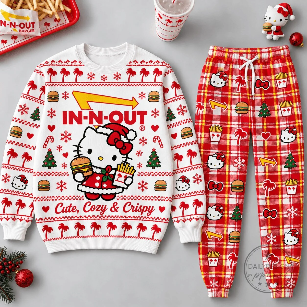 Hello Kitty In-N-Out Burger Christmas Holiday Sweatshirt and Jogger Pants Set