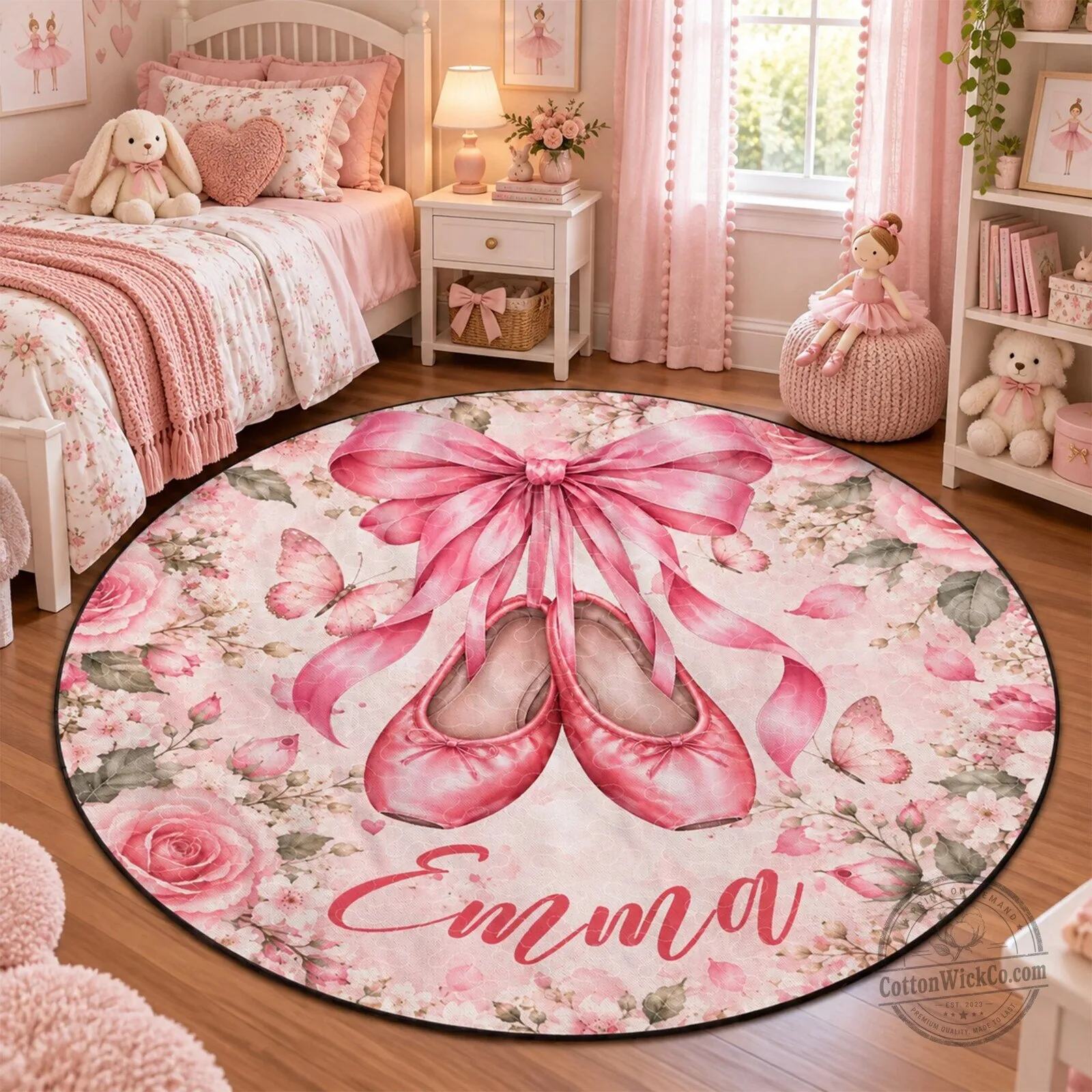 Personalized Ballerina Ballet Slippers Pink Bow Floral Round Rug