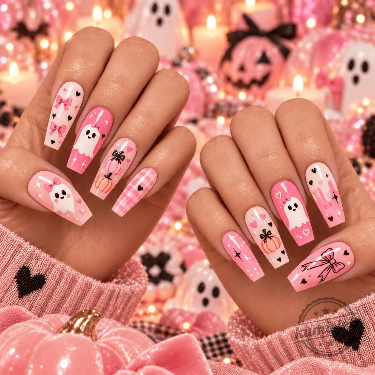 Pink Ghost Halloween Press-On Nails with Bow and Pumpkin Designs