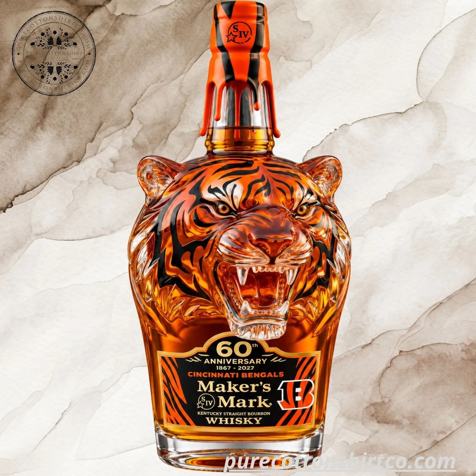 Maker's Mark x Cincinnati Bengals 60th Anniversary 1967-2027 Tiger Head Whiskey Decanter 8 Maker