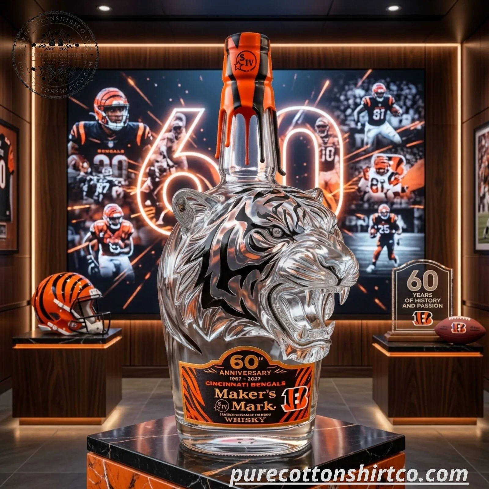 Maker's Mark x Cincinnati Bengals 60th Anniversary 1967-2027 Tiger Head Whiskey Decanter 11 Maker