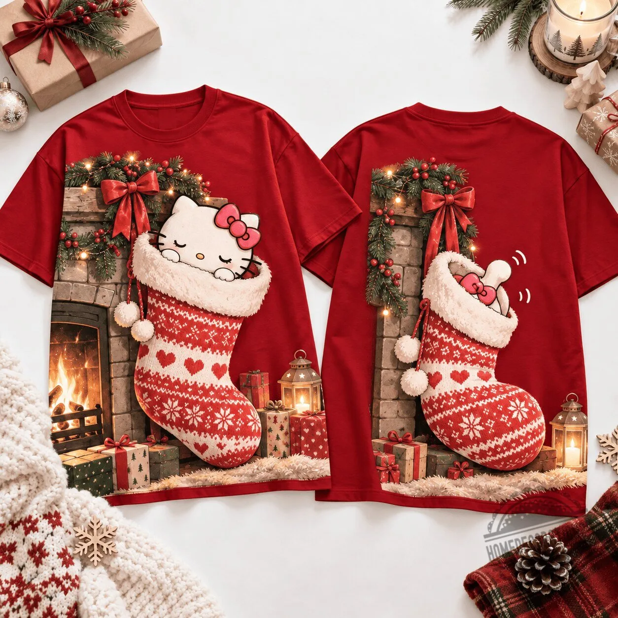Hello Kitty Cozy Christmas Stocking Fireplace Holiday Red T-Shirt