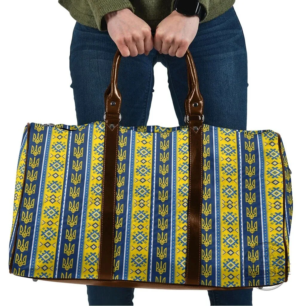 Ukrainian Trident Pattern Travel Bag with Blue and Yellow Stripes