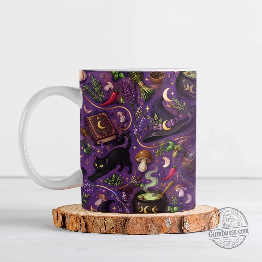 Witchy Kitchen Herbs Black Cat and Cauldron Mystical Purple Mug