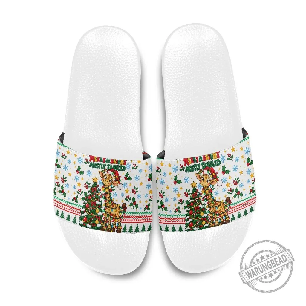 Cute Christmas Giraffe Lights Mostly Tangled Holiday Slide Sandals 8 Cute Christmas Giraffe Lights Mostly Tangled Holiday Slide Sandals