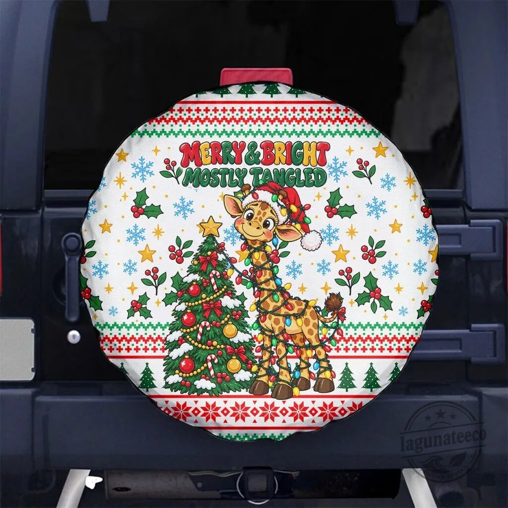 Merry and Bright Mostly Tangled Christmas Giraffe Spare Tire Cover