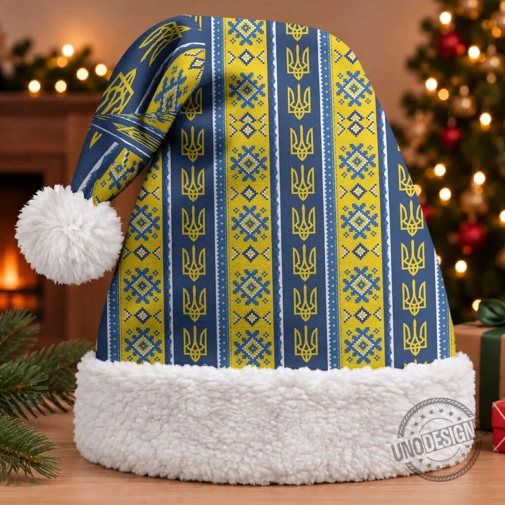 Ukrainian Trident Pattern Christmas Santa Hat Festive Holiday Headwear