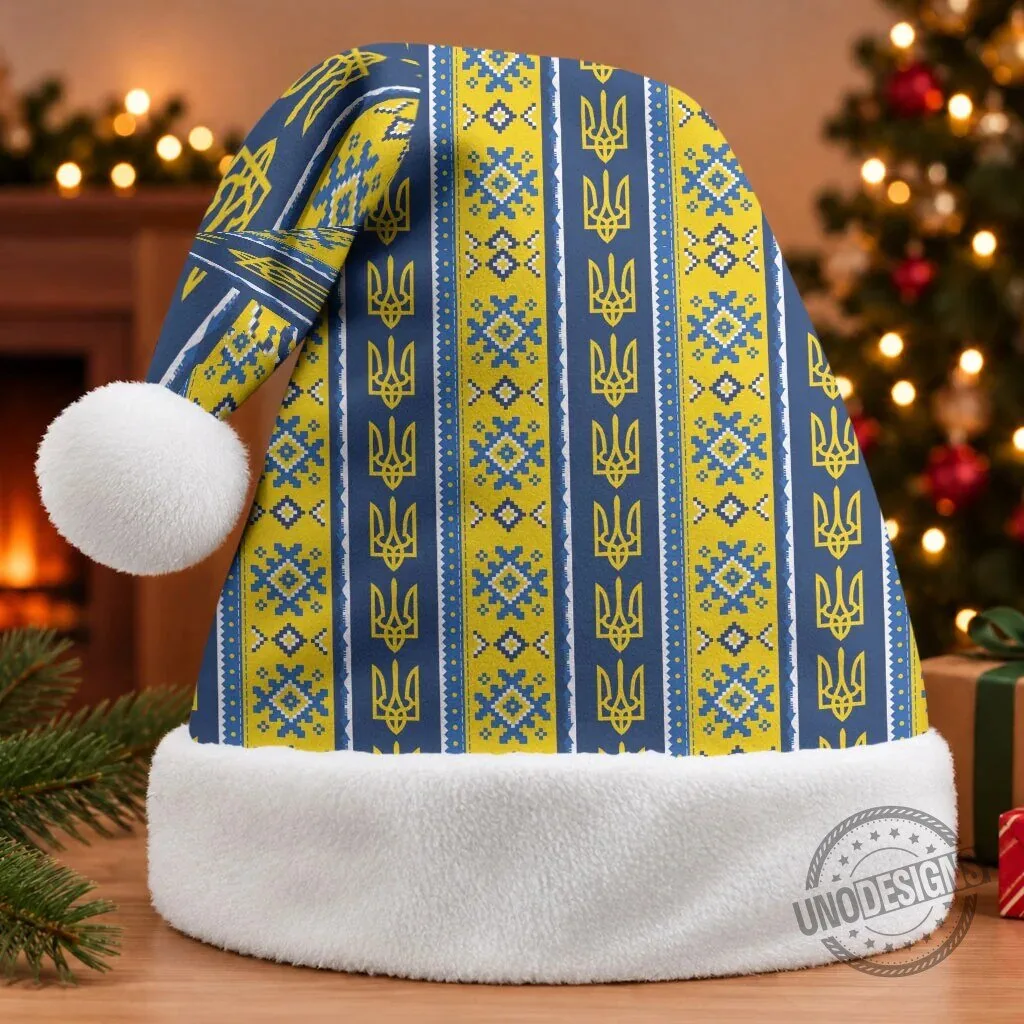 Ukrainian Trident Pattern Christmas Santa Hat Festive Holiday Headwear 7 Ukrainian Trident Pattern Christmas Santa Hat Festive Holiday Headwear