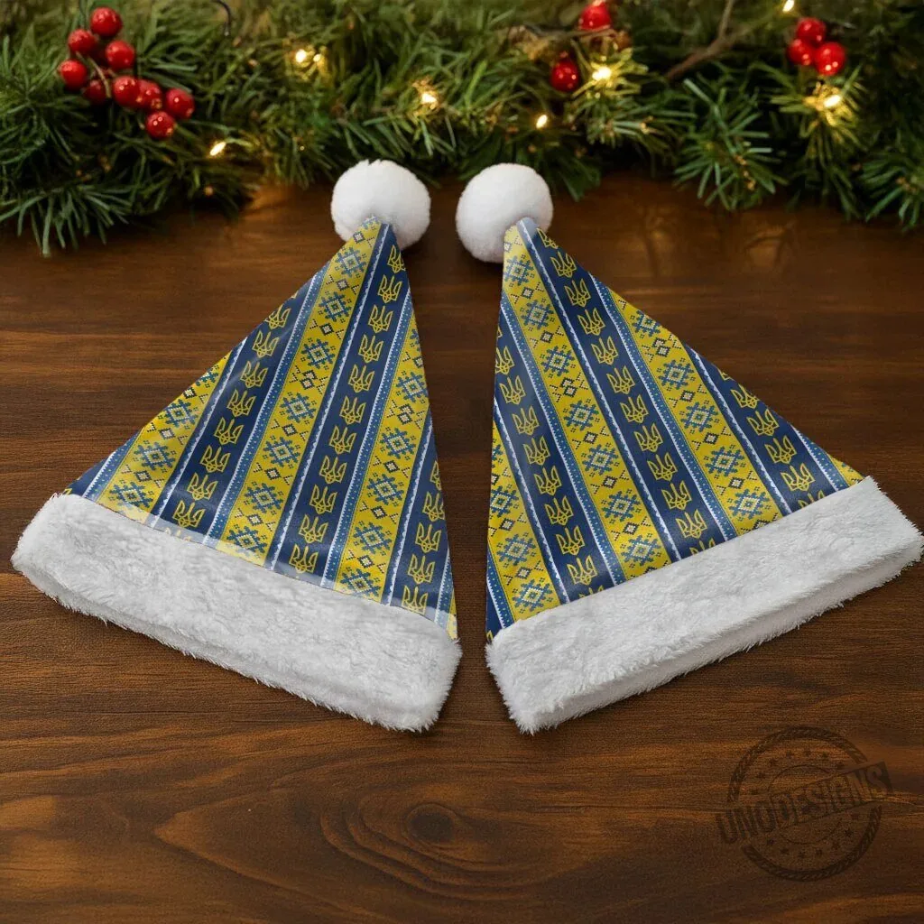 Ukrainian Trident Pattern Christmas Santa Hat Festive Holiday Headwear 8 Ukrainian Trident Pattern Christmas Santa Hat Festive Holiday Headwear