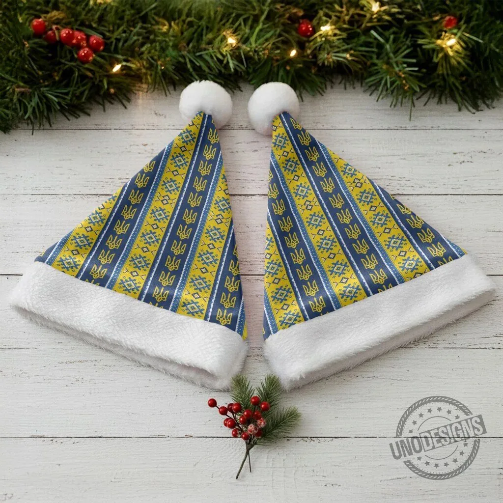 Ukrainian Trident Pattern Christmas Santa Hat Festive Holiday Headwear 9 Ukrainian Trident Pattern Christmas Santa Hat Festive Holiday Headwear