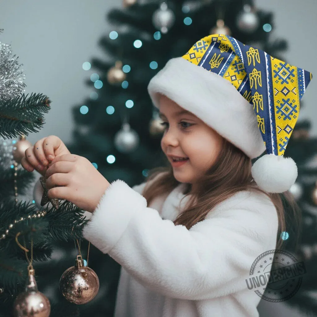 Ukrainian Trident Pattern Christmas Santa Hat Festive Holiday Headwear 10 Ukrainian Trident Pattern Christmas Santa Hat Festive Holiday Headwear