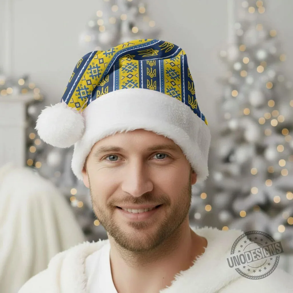 Ukrainian Trident Pattern Christmas Santa Hat Festive Holiday Headwear 11 Ukrainian Trident Pattern Christmas Santa Hat Festive Holiday Headwear