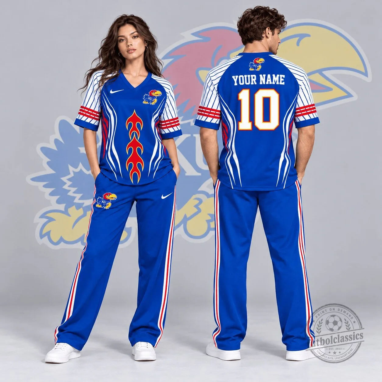 Kansas Jayhawks Flame Stripe Personalized V-Neck Baseball Jersey