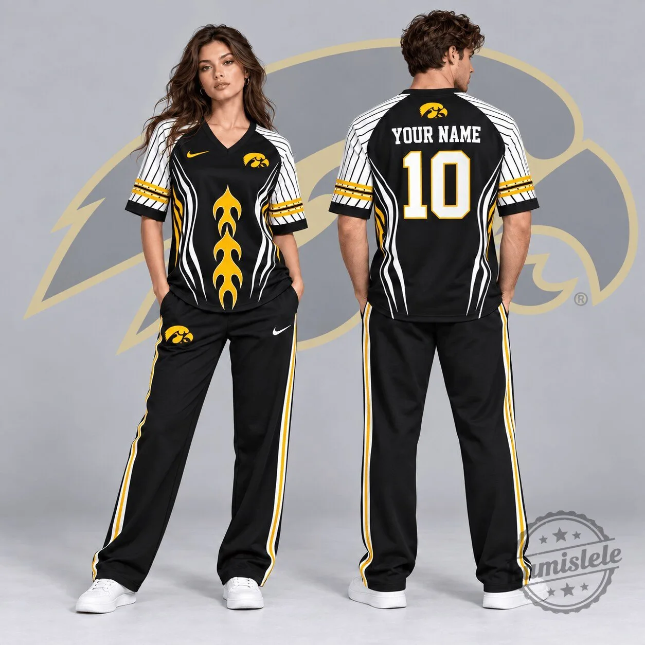 Iowa Hawkeyes Personalized Flame Stripe Black V-Neck Football Jersey
