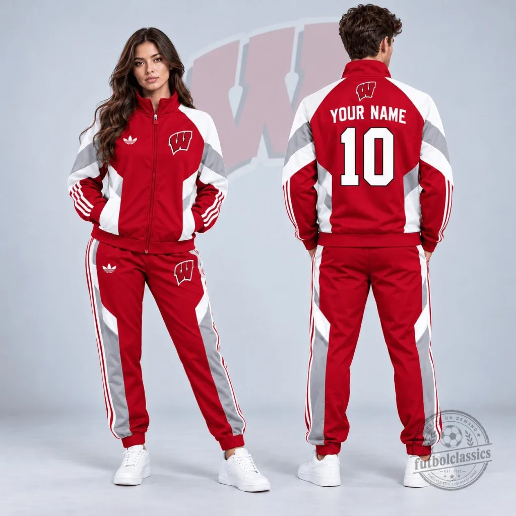 Wisconsin Badgers Personalized Red and Gray Colorblock Tracksuit Hoodie Wisconsin Badgers Personalized Red and Gray Colorblock Tracksuit Hoodie