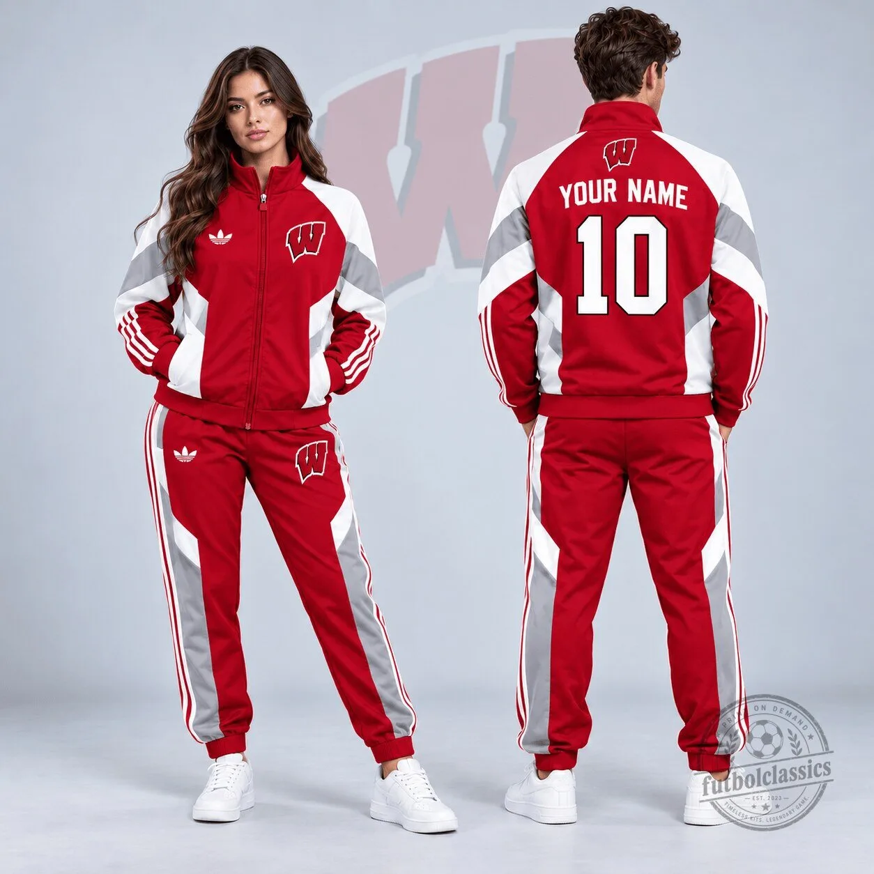 Wisconsin Badgers Personalized Red and Gray Colorblock Tracksuit Hoodie