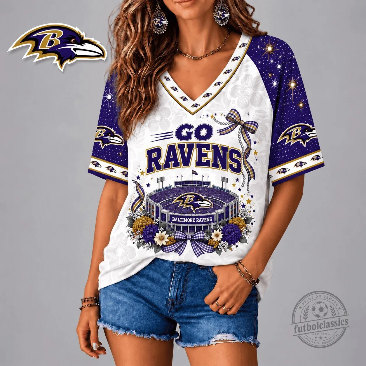 Baltimore Ravens NFL Football Stadium Floral V-Neck T-Shirt