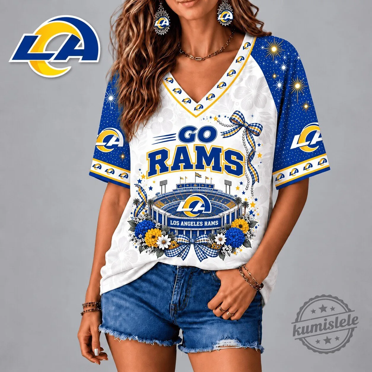 Los Angeles Rams Patriotic Floral Bow V-Neck T-Shirt