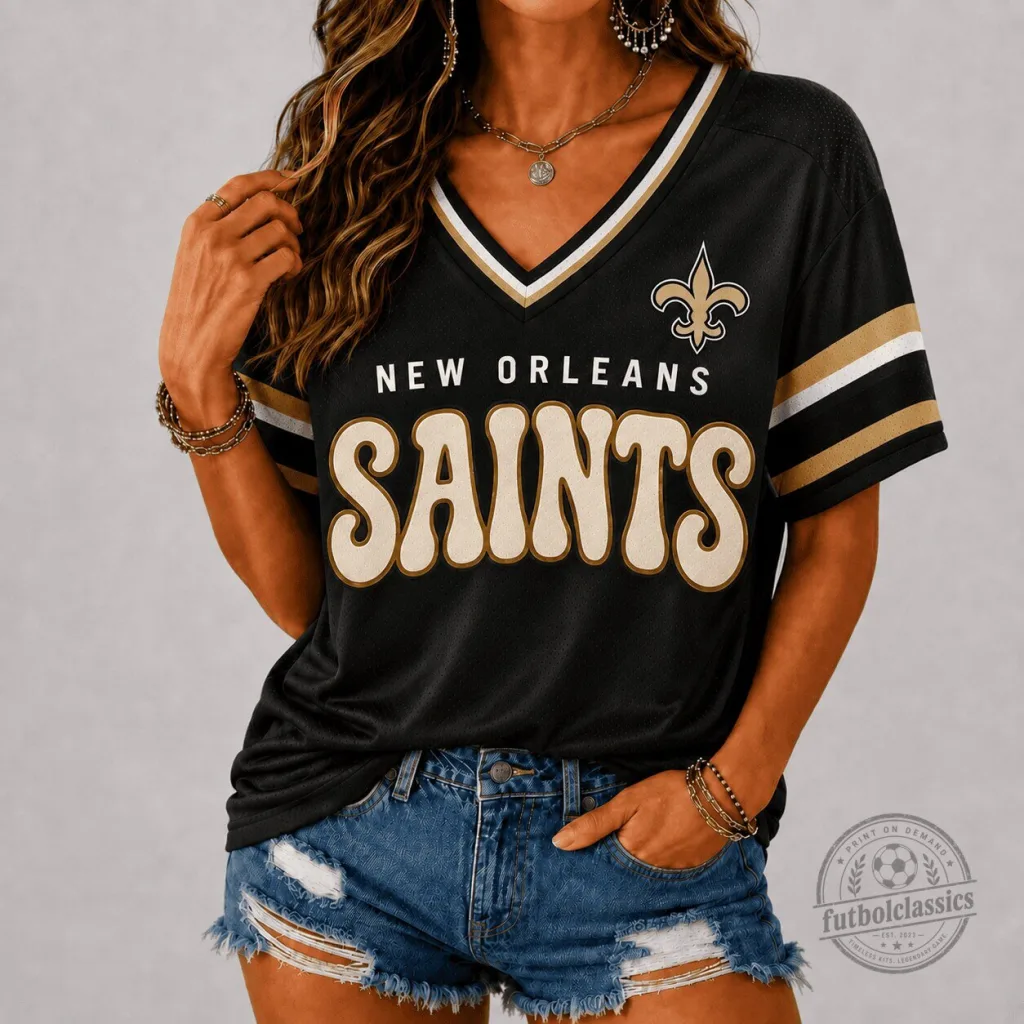 New Orleans Saints Vintage Groovy Style V-Neck Football Jersey for Women New Orleans Saints Vintage Groovy Style V-Neck Football Jersey for Women