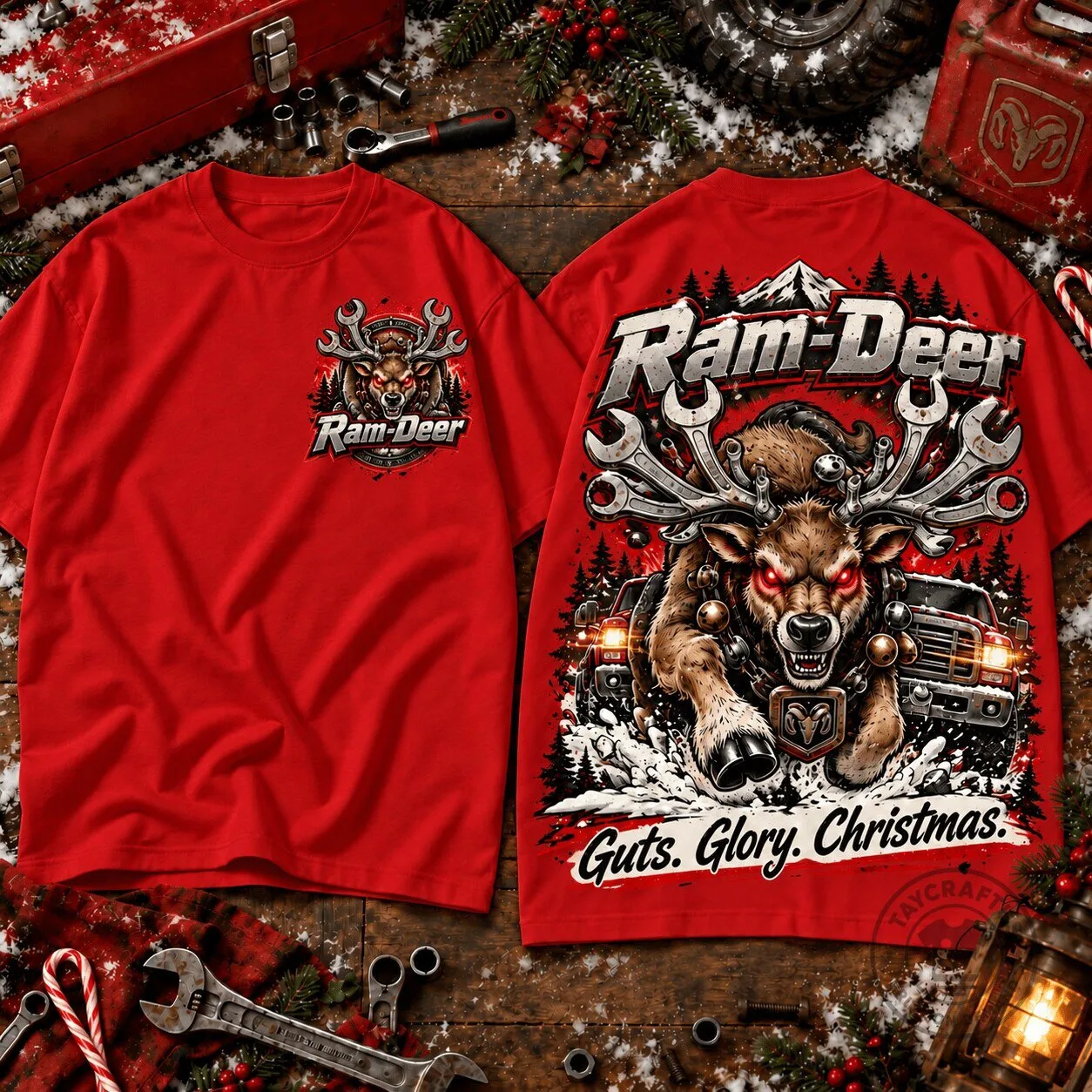 Dodge Ram Reindeer Monster Truck Christmas Graphic Short Sleeve T-Shirt