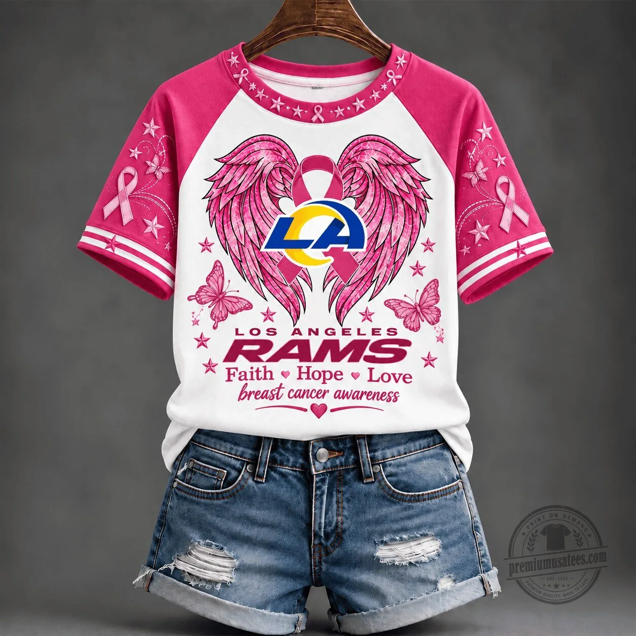 Los Angeles Rams Faith Hope Love Breast Cancer Awareness Pink Ribbon T-Shirt