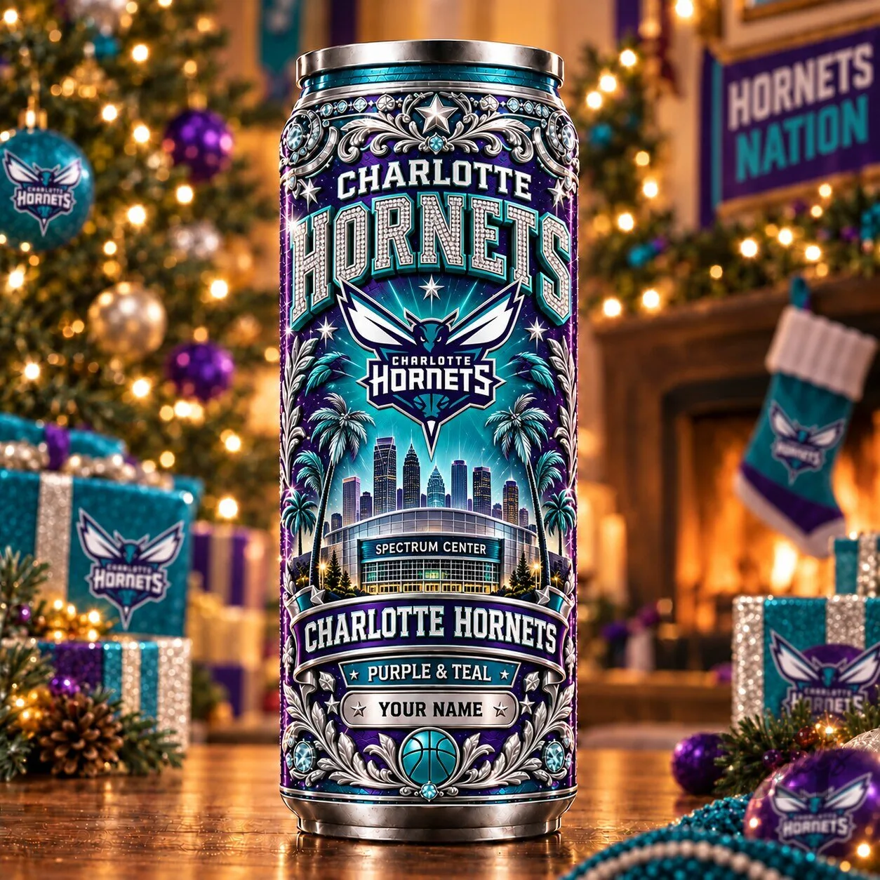 Charlotte Hornets NBA Basketball Team Purple and Teal Custom Name Can Tumbler