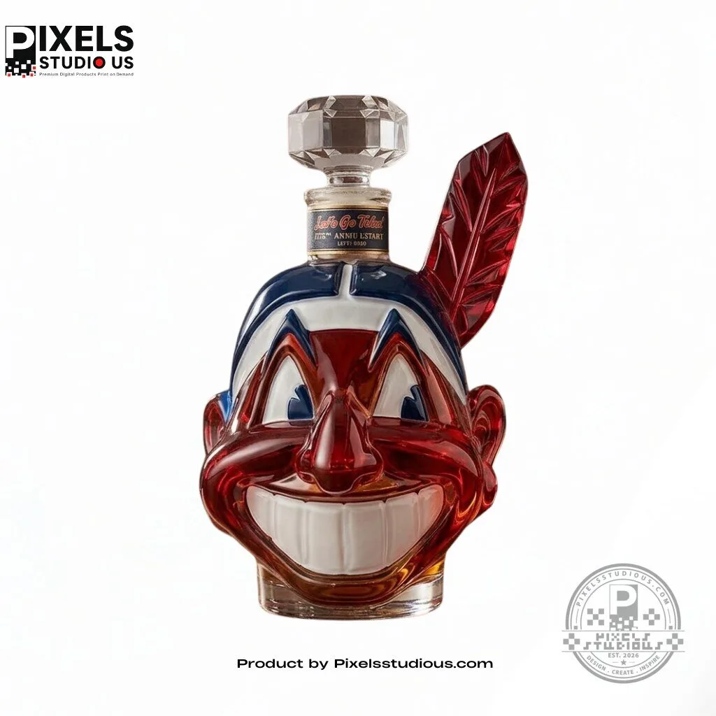 Cleveland Indians 125th Anniversary Chief Wahoo Decanter 2 Cleveland Indians 125th Anniversary Chief Wahoo Decanter product image showing design and details