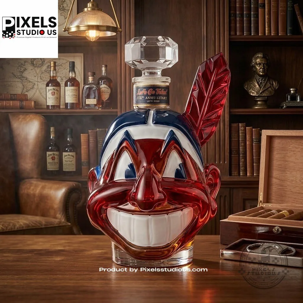 Cleveland Indians 125th Anniversary Chief Wahoo Decanter 3 Cleveland Indians 125th Anniversary Chief Wahoo Decanter product image showing design and details