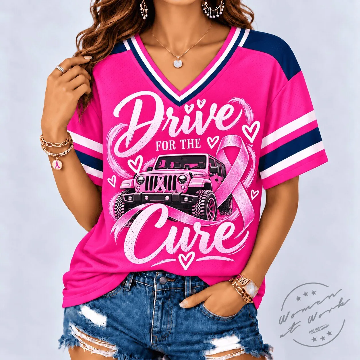 Jeep Drive For The Cure Pink Ribbon Breast Cancer Awareness V-Neck T-Shirt