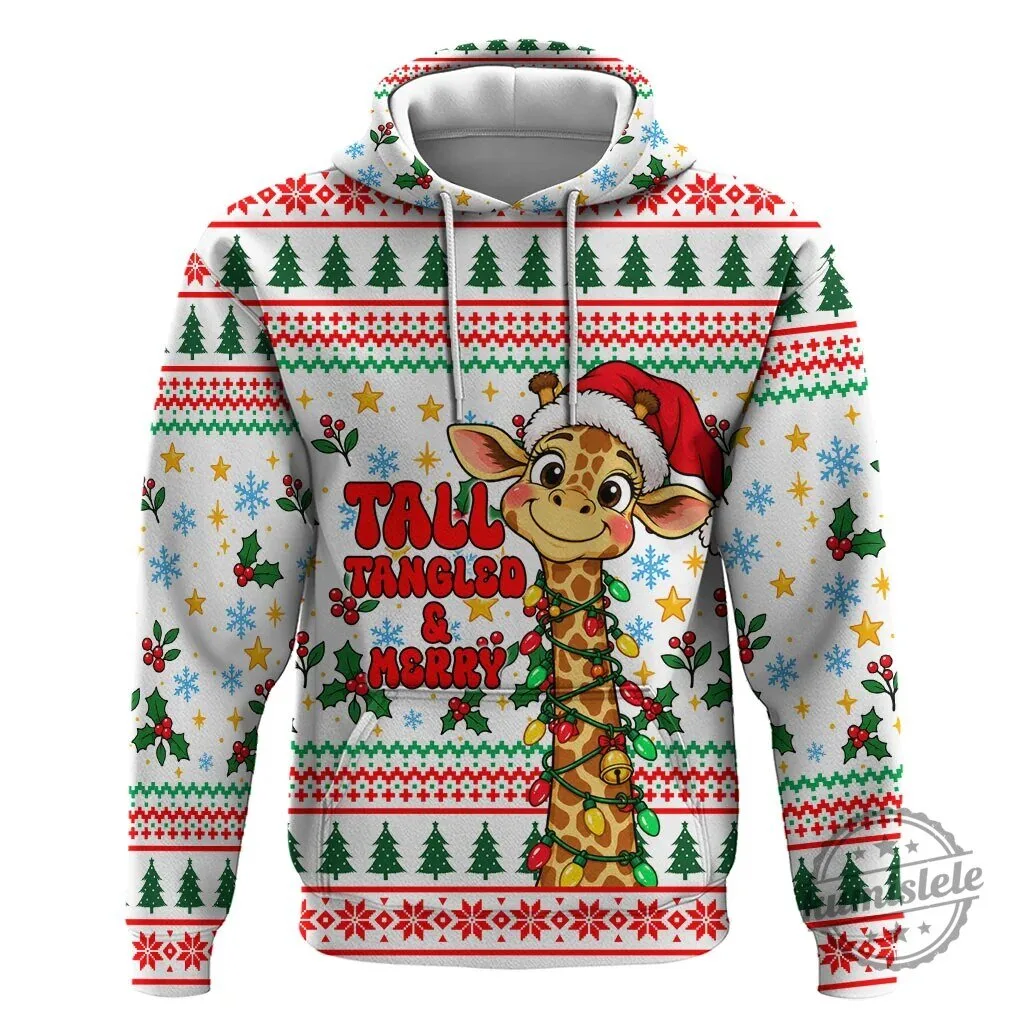Cute Christmas Giraffe Tall Tangled and Merry Ugly Sweater Style Hoodie