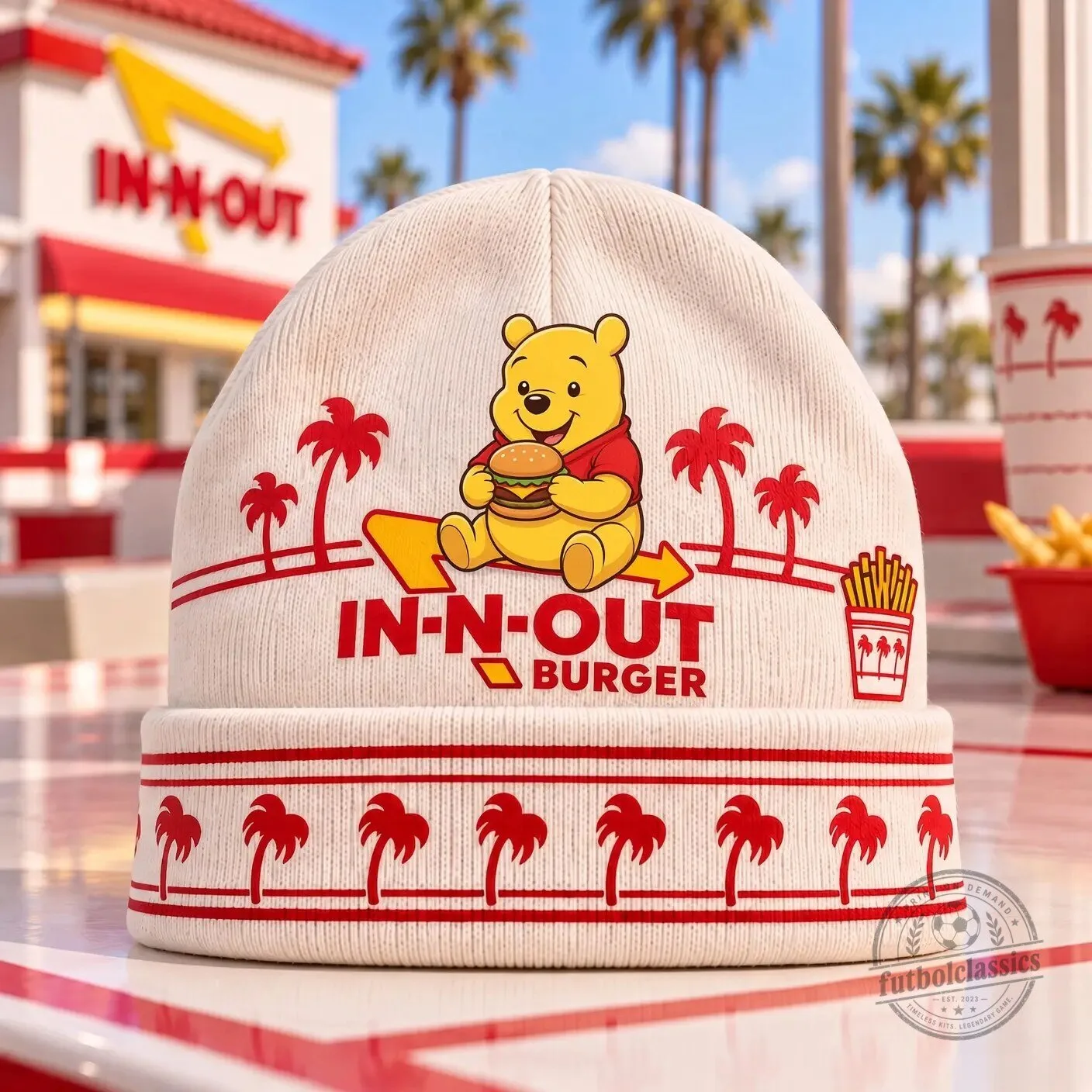 In-N-Out Burger Winnie The Pooh Eating Burger And Fries Beanie Hat