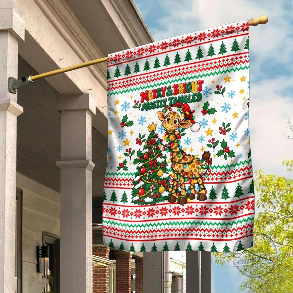 Merry and Bright Mostly Tangled Christmas Giraffe with Lights Garden Flag
