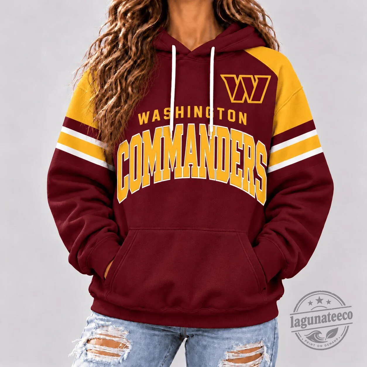Washington Commanders NFL Football Team Maroon Gold Retro Varsity Stripe Hoodie