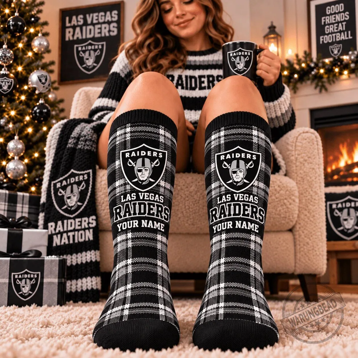 Las Vegas Raiders Personalized Plaid Pattern Crew Socks