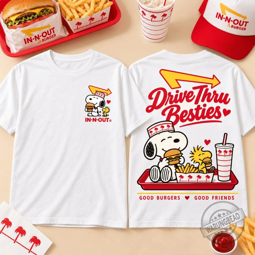 Snoopy and Woodstock In-N-Out Burger Drive Thru Besties White T-Shirt Snoopy and Woodstock In-N-Out Burger Drive Thru Besties White T-Shirt