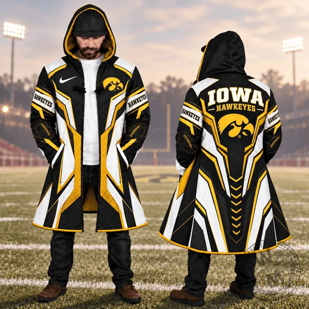 Iowa Hawkeyes NCAA Football Team Black and Gold Hooded Cloak Jacket Iowa Hawkeyes NCAA Football Team Black and Gold Hooded Cloak Jacket